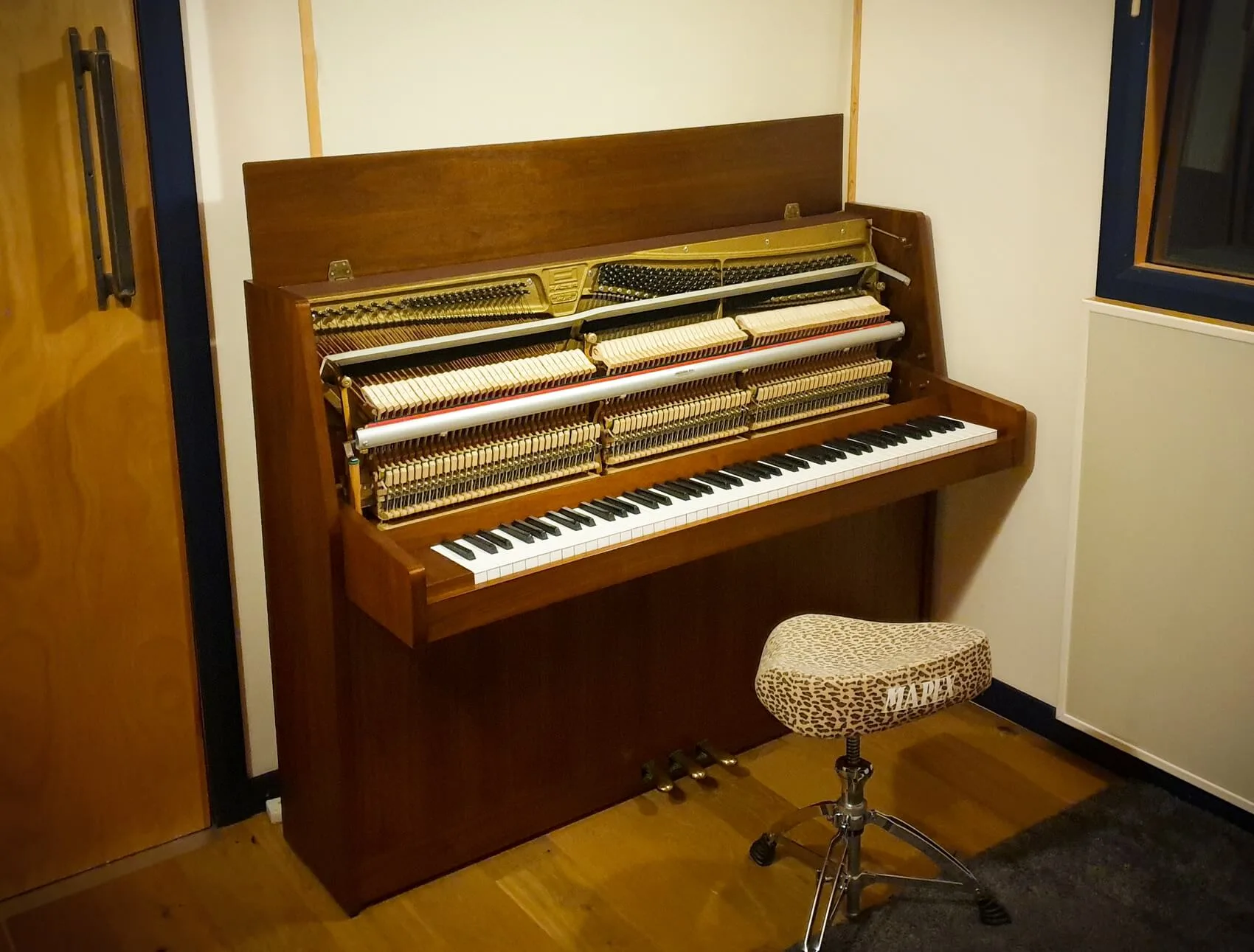 Fazer upright piano with exposed action in Control Room Two